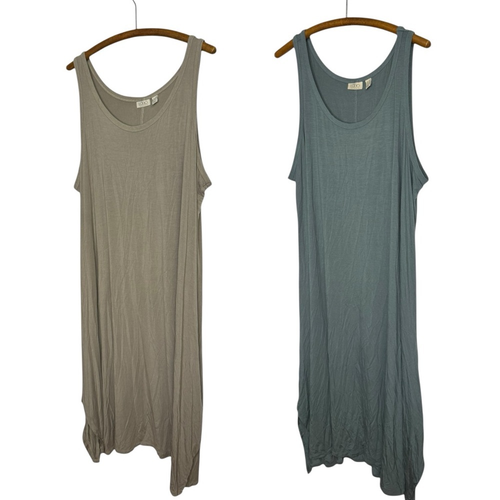 LOGO Lori Goldstein Maxi Dress 2X Blue taupe Stretch Jersey Knit Sleeveless